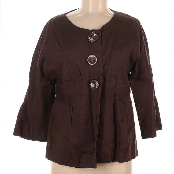 Tweeds Brown 100% Linen 3/4 Sleeves Neutral Button Front Cropped Blazer Size L - Picture 8 of 8